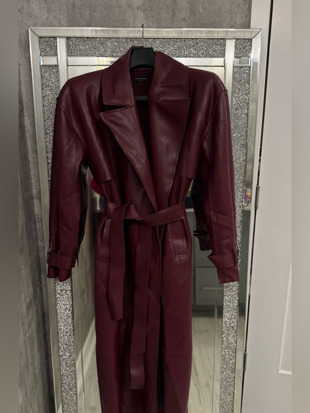 Naked Wardrobe Burgundy Vegan Leather Trench Coat - Size Small